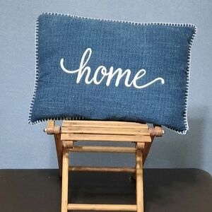 Blue Decorative Pillow with White 'Home' Script. Feather Filled. 19×13in.